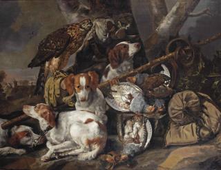 Carstian Luyckx - A Hunting Still Life Of Partridges With Four Springer Spaniels, A Hawk, A Game-Bag And Belt And Other Hunting Gear In A Landscape