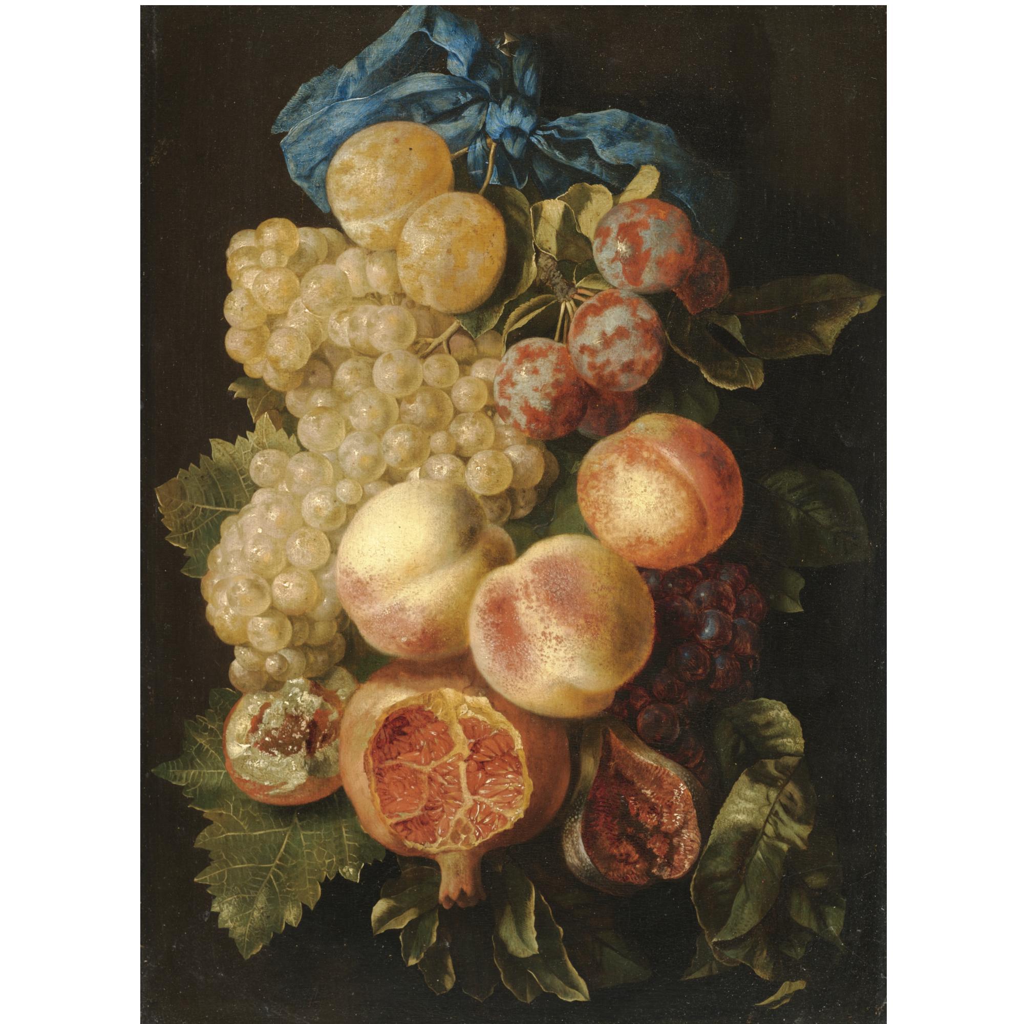 Carstian Luyckx - A Still Life With Plums, Grapes, Peaches And A Pomegranate Tied With A Blue Ribbon
