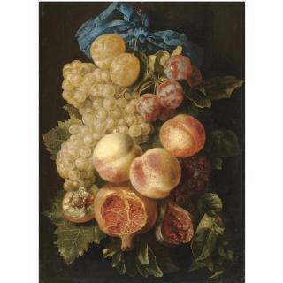 Carstian Luyckx - A Still Life With Plums, Grapes, Peaches And A Pomegranate Tied With A Blue Ribbon