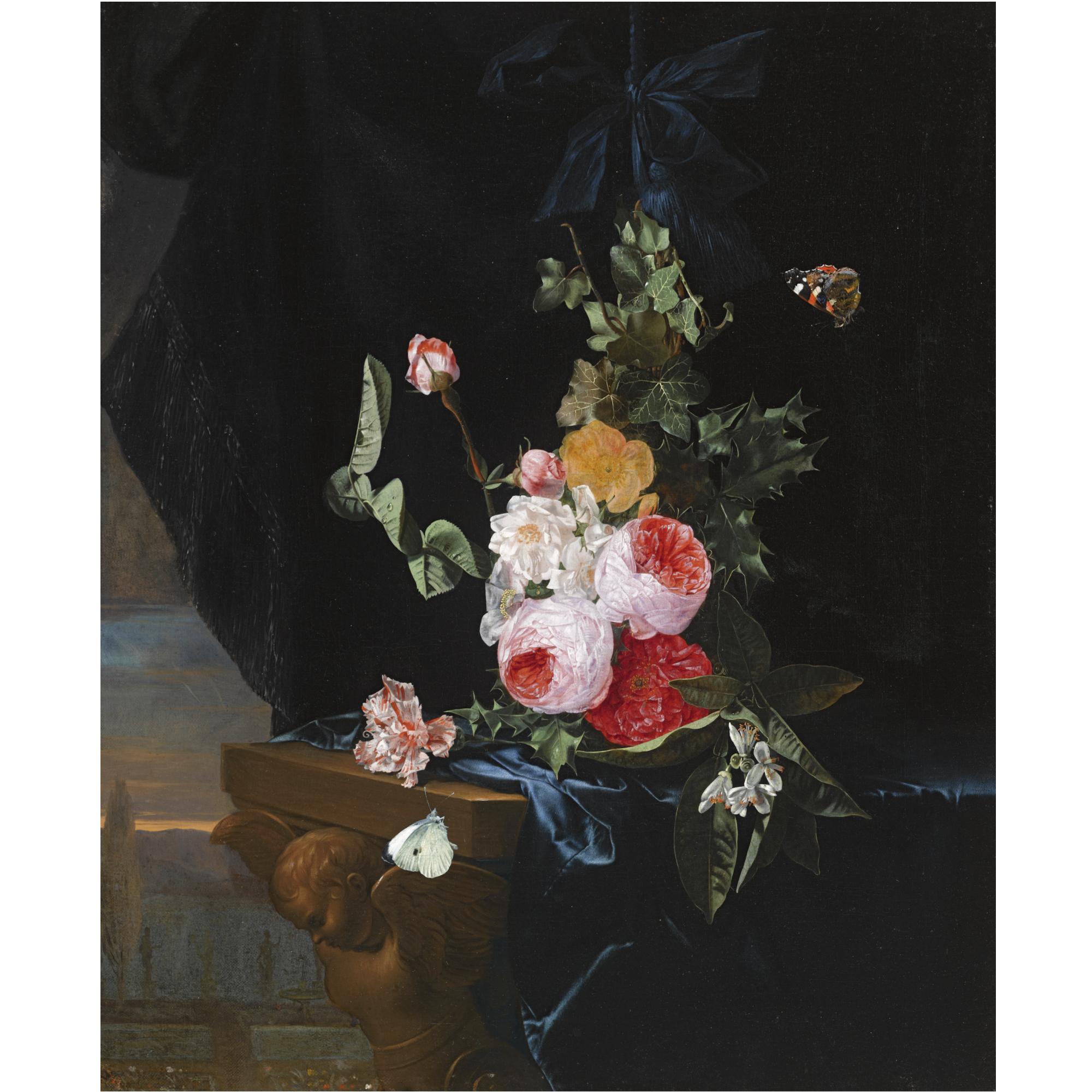 Carstian Luyckx - A Swag Of Roses And Thistle-Leaf, Tied With A Blue Ribbon, Before A Blue Velvet Drapery On A Sculpted Table, Together With A Red Admiral And A Cabbage Butterfly, A Landscape Beyond