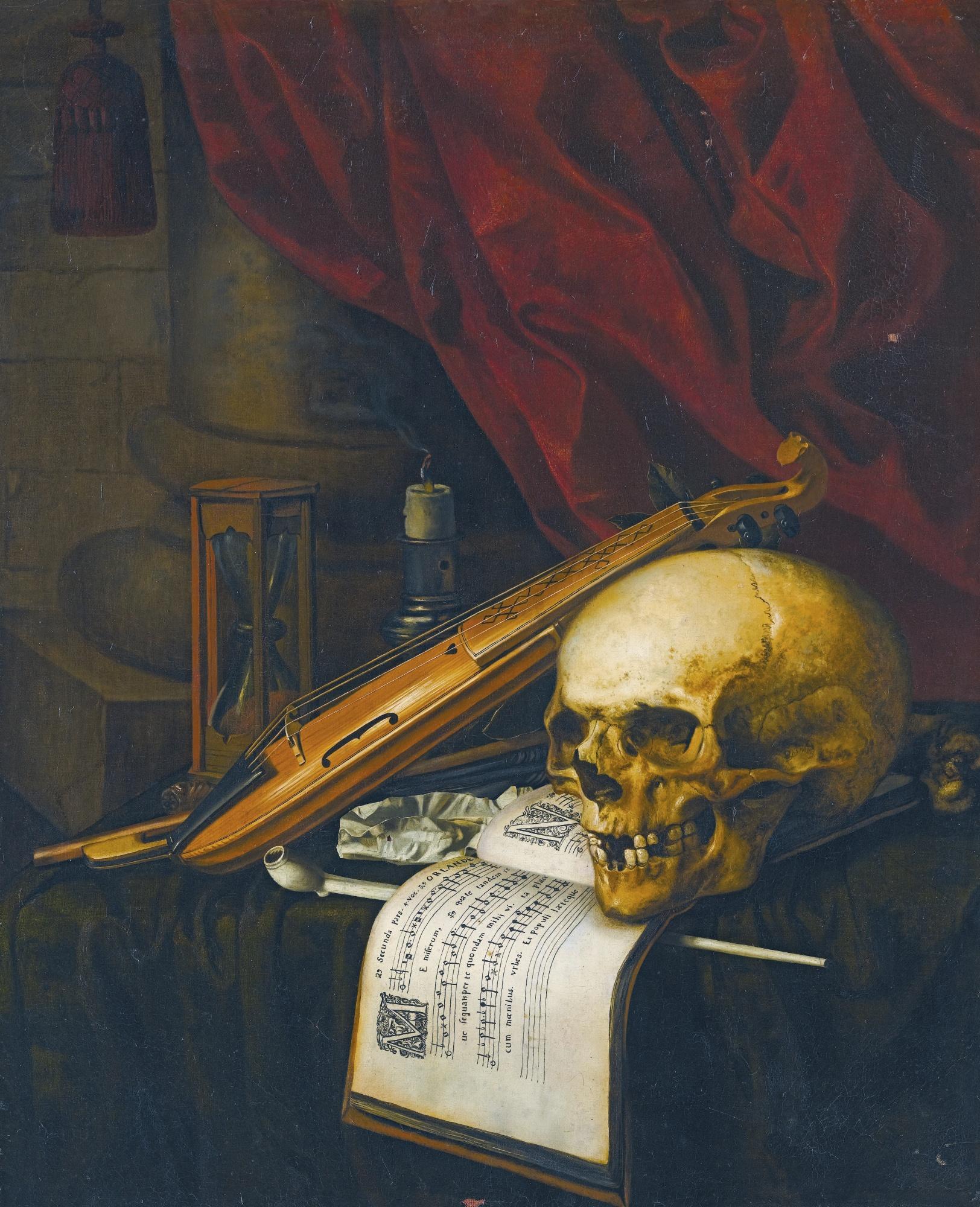 Carstian Luyckx - A Vanitas Still Life With A Skull, A Violin, A Musical Score, A Pipe And Tobacco, An Hourglass And A Candle On A Draped Table