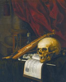 Carstian Luyckx - A Vanitas Still Life With A Skull, A Violin, A Musical Score, A Pipe And Tobacco, An Hourglass And A Candle On A Draped Table