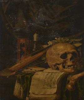 Carstian Luyckx - A vanitas still life with an hour glass, a candle, a lira da braccia and bow, a deck of cards, dice, a musical manuscript, a skull crowned with a laurel wreath and other objects on a partially draped table