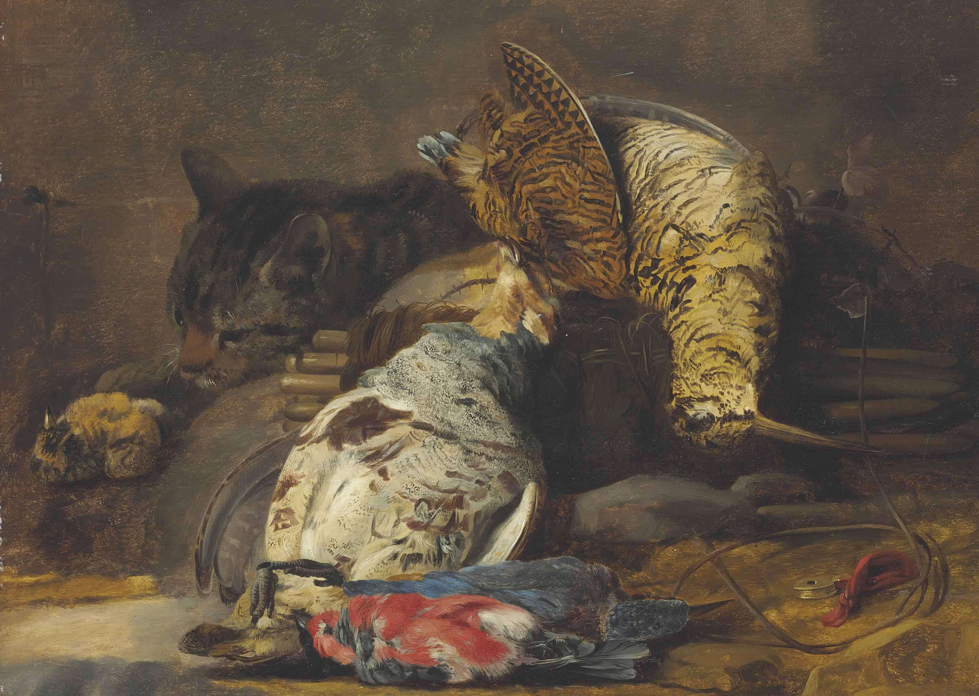 Carstian Luyckx - A Woodcock, Partridge, Kingfisher, Finches And A Cat, With A Decoy Whistle And A Wooden Snare