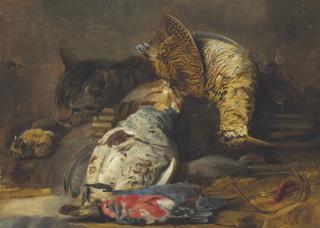 Carstian Luyckx - A Woodcock, Partridge, Kingfisher, Finches And A Cat, With A Decoy Whistle And A Wooden Snare