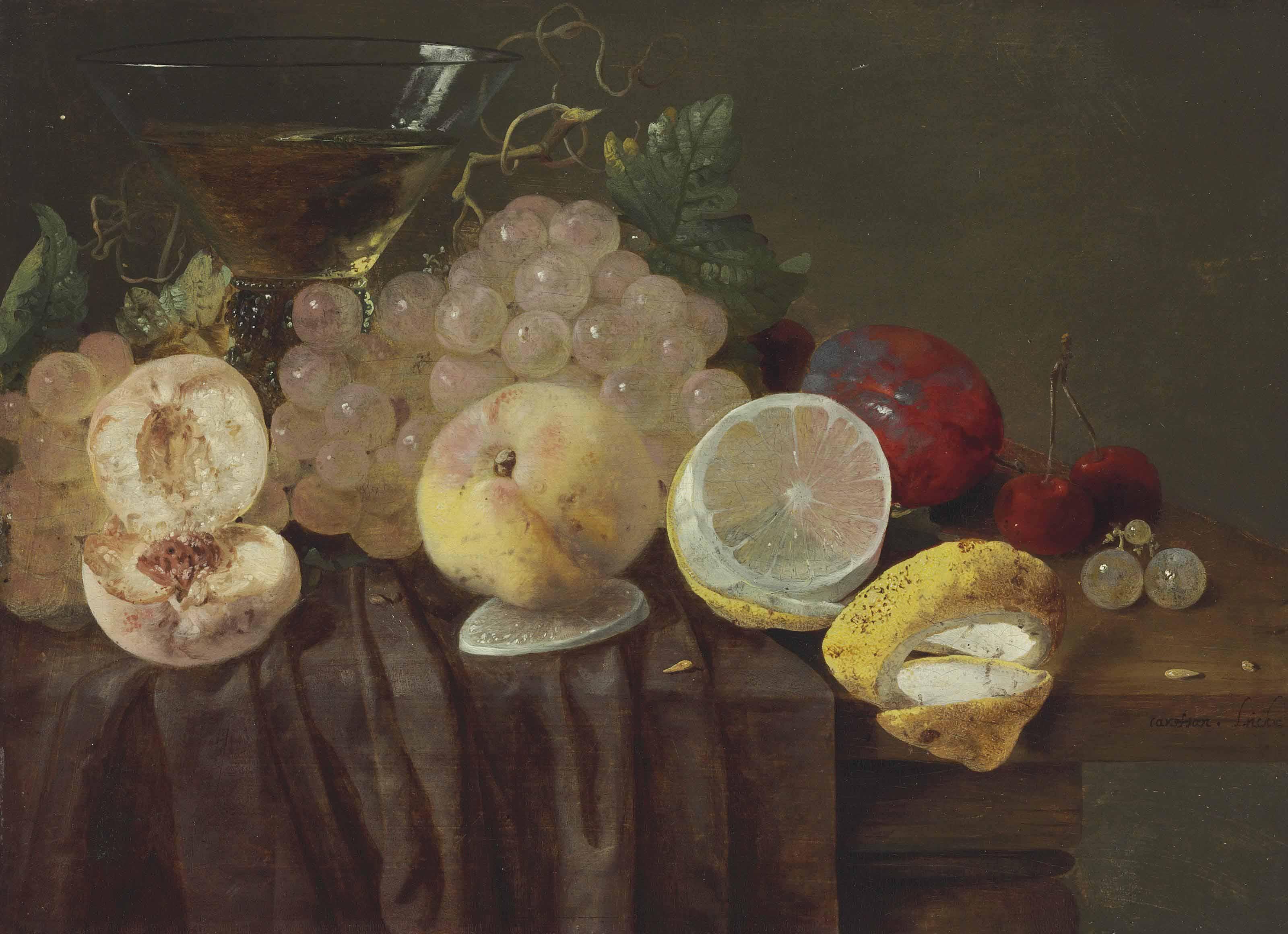 Carstian Luyckx - Grapes, Peaches, A Lemon, Plums, Cherries And A Roemer On A Partially-Draped Table