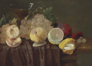 Carstian Luyckx - Grapes, Peaches, A Lemon, Plums, Cherries And A Roemer On A Partially-Draped Table