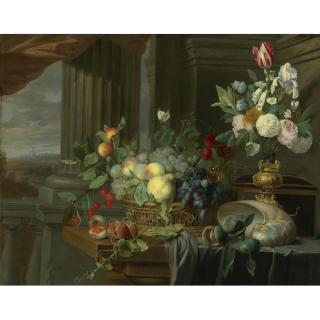 Carstian Luyckx - Still Life Of A Basket Of Fruit, Flowers In A Gilt Vase, A Nautilus Shell And Other Objects On A Draped Table Near An Open Window, A Landscape Beyond