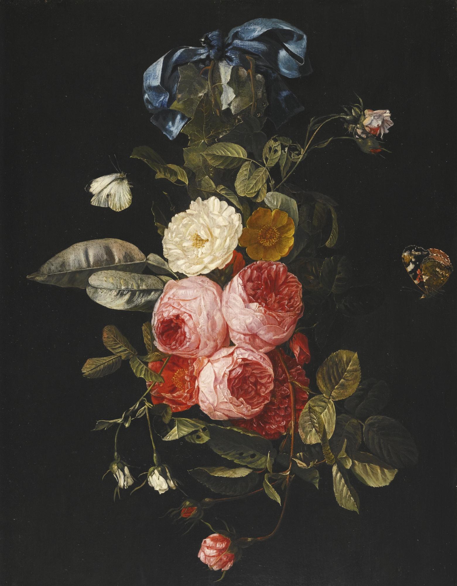 Carstian Luyckx - Still Life Of Pink, Yellow And White Roses Hanging From A Blue Ribbon With A Red Admiral And A Cabbage White