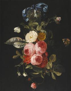 Carstian Luyckx - Still Life Of Pink, Yellow And White Roses Hanging From A Blue Ribbon With A Red Admiral And A Cabbage White