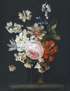 Carstian Luyckx - Still Life Of Roses, Peonies And Passion Flowers In A Glass Vase On A Stone Ledge With A Ladybird And A Butterfly