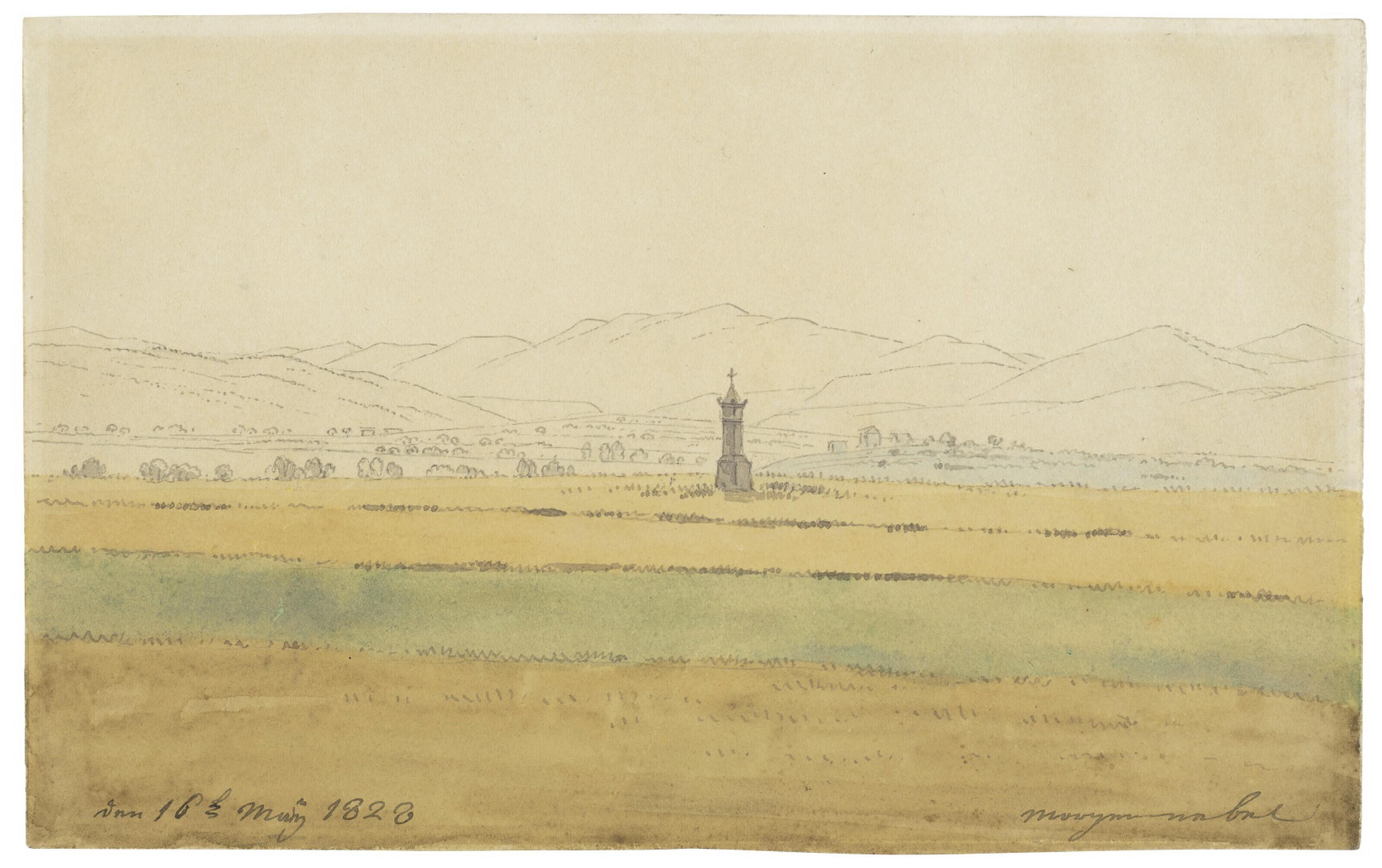 Caspar David Friedrich - A Bohemian landscape with a cross in a field, and mountains beyond