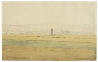 Caspar David Friedrich - A Bohemian landscape with a cross in a field, and mountains beyond