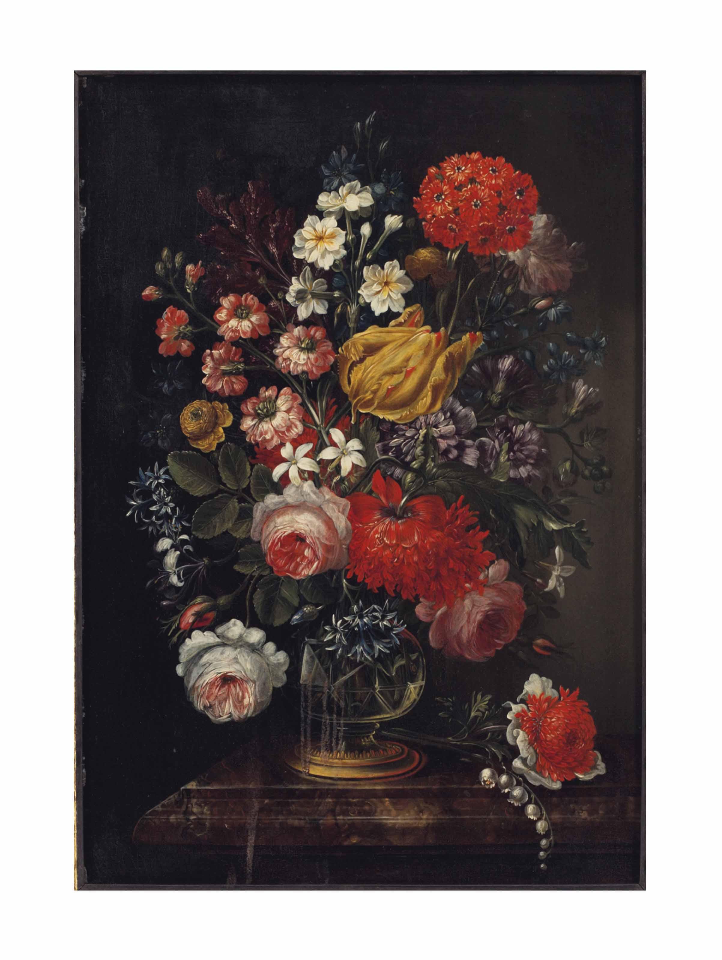 Caspar Hirscheli - Flowers in crystal vases (a pair)