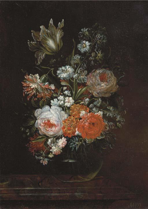 Caspar Hirscheli - Roses, A Tulip And Other Flowers In A Glass Vase On A Wooden Ledge