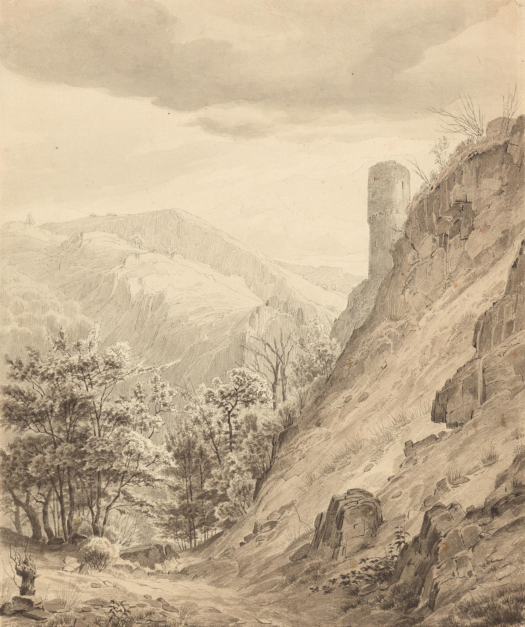Caspar Johann Nepomuk Scheuren - Blick in ein Nebental des Rheins mit Turmruine.