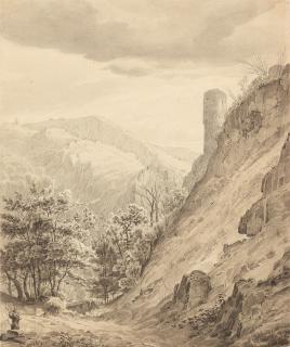Caspar Johann Nepomuk Scheuren - Blick in ein Nebental des Rheins mit Turmruine.