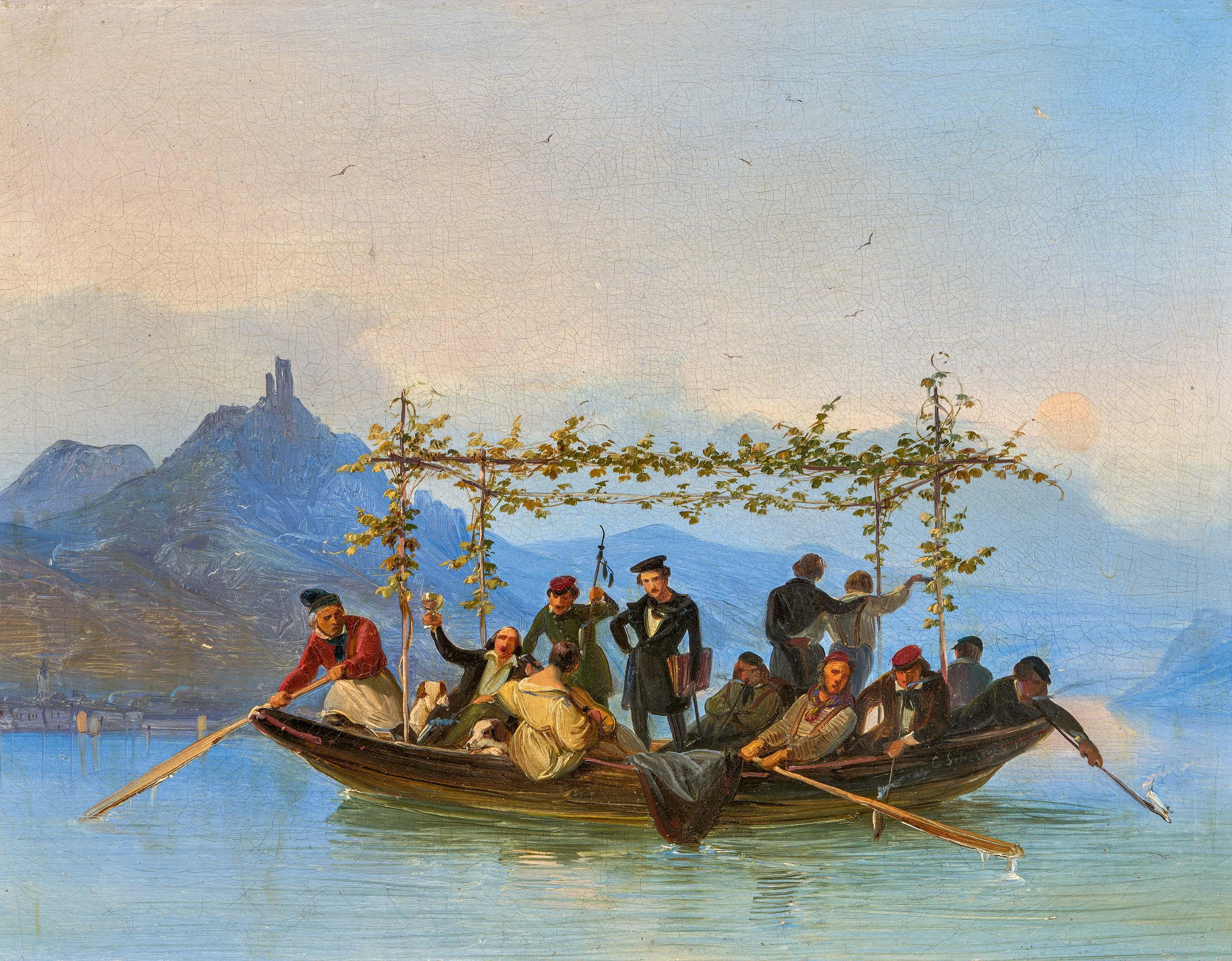 Caspar Johann Nepomuk Scheuren - Überfahrt der Studenten am Drachenfels.