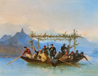 Caspar Johann Nepomuk Scheuren - Überfahrt der Studenten am Drachenfels.