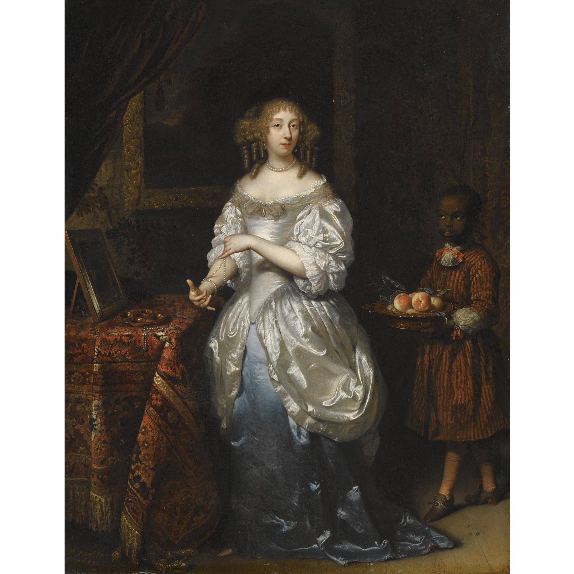 Caspar Netscher - A Portrait Of A Lady, Wearing A Blue-And-White Satin Dress, At Her Toilet, Attended By A Negro Page Bearing A Dish Of Fruit