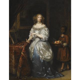 Caspar Netscher - A Portrait Of A Lady, Wearing A Blue-And-White Satin Dress, At Her Toilet, Attended By A Negro Page Bearing A Dish Of Fruit
