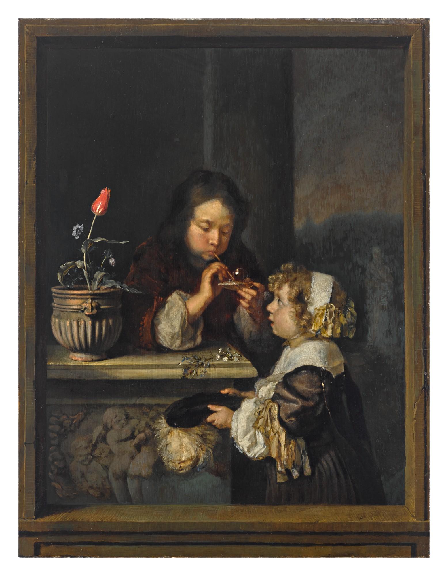 Caspar Netscher - A Young Boy And Girl Blowing Bubbles