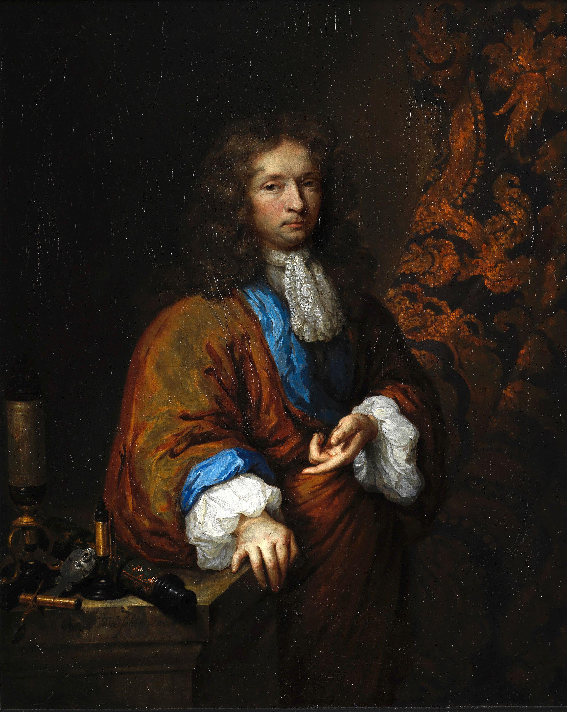 Caspar Netscher - Portrait of a gentleman scientist, probably Constantijn Huygens, half-length, standing beside a group of miscroscopes