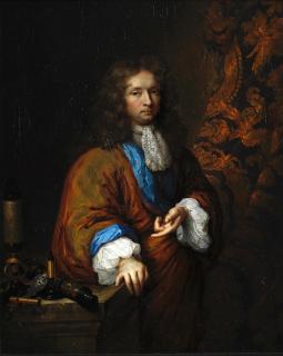 Caspar Netscher - Portrait of a gentleman scientist, probably Constantijn Huygens, half-length, standing beside a group of miscroscopes