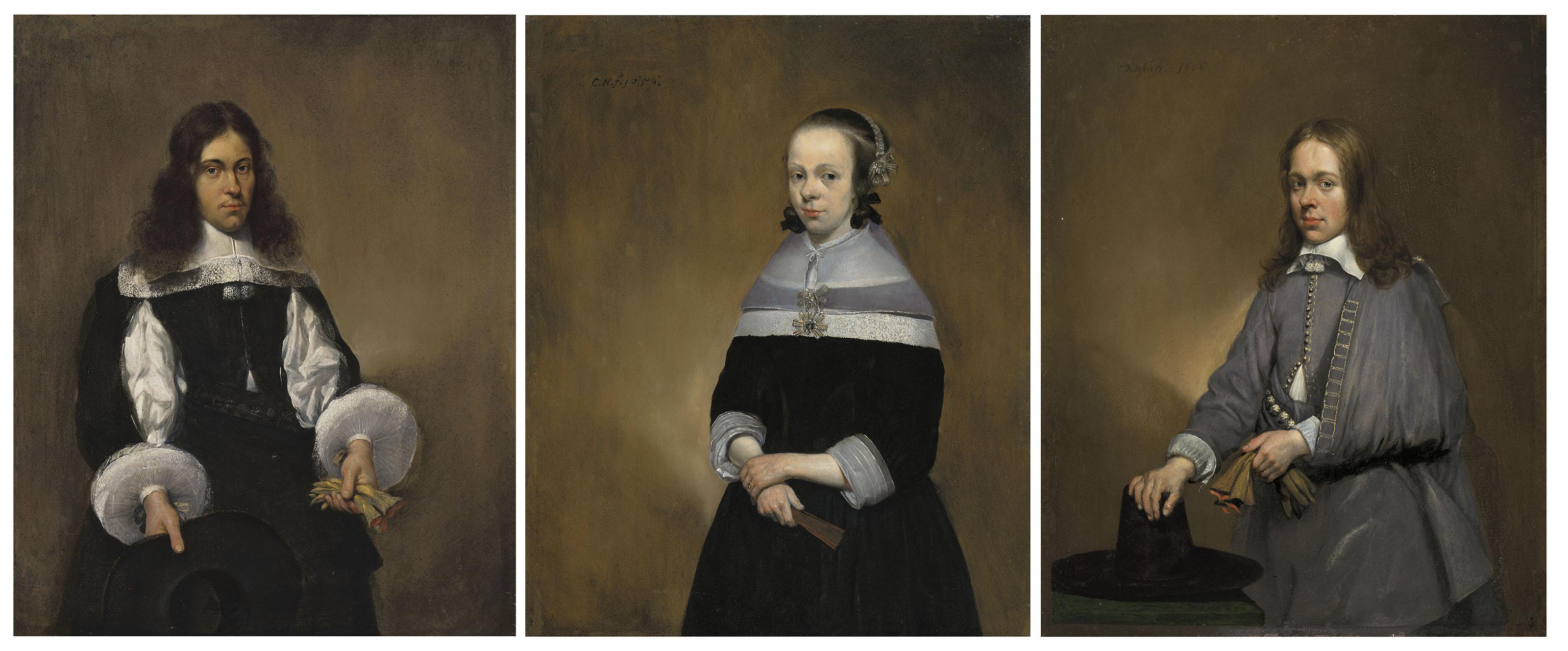 Caspar Netscher - Portrait of a gentleman, three-quarter-length, in black;   Portrait of a lady, three-quarter-length, in black, holding a fan; and   Portrait of a gentleman, three-quarter-length, in grey