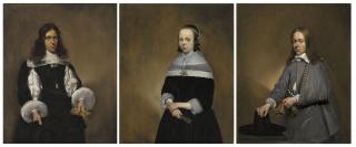 Caspar Netscher - Portrait of a gentleman, three-quarter-length, in black;   Portrait of a lady, three-quarter-length, in black, holding a fan; and   Portrait of a gentleman, three-quarter-length, in grey