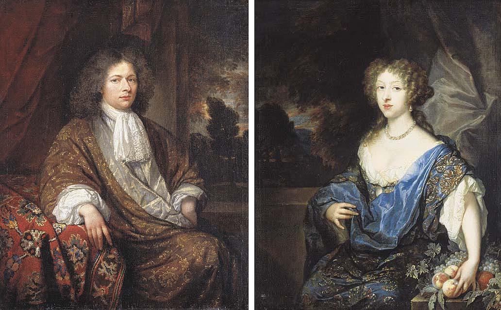 Caspar Netscher - Portrait of a gentleman, three-quarter-length, seated, in a japonsche rock; and Portrait of a lady, three-quarter-length, in a blue- and gold-embroidered dress