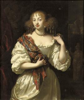 Caspar Netscher - Portrait of a lady, said to be Barbara Villiers, Duchess of Cleveland, three-quarter-length, in a silver dress