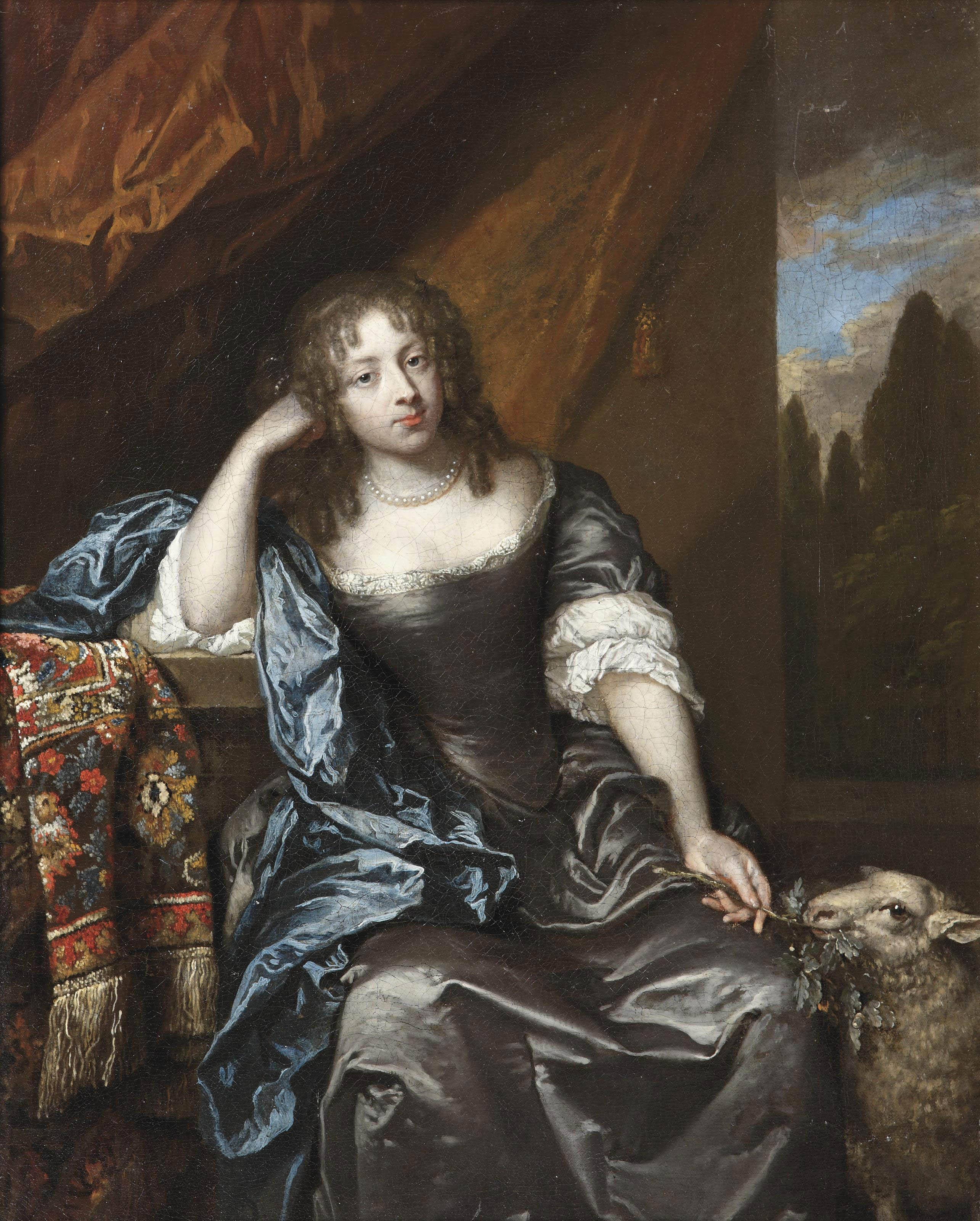 Caspar Netscher - Portrait of a lady, seated three-quarter-length, in a grey silk dress with lace chemise, blue wrap and a pearl necklace, holding a branch in her left hand, a lamb at her side