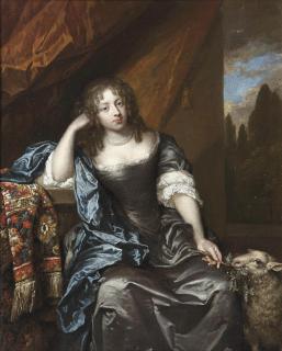 Caspar Netscher - Portrait of a lady, seated three-quarter-length, in a grey silk dress with lace chemise, blue wrap and a pearl necklace, holding a branch in her left hand, a lamb at her side