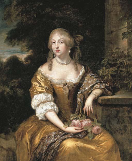 Caspar Netscher - Portrait of a lady, three-quarter-length, in a gold satin gown, seated in a garden