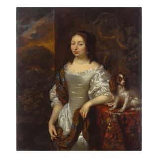 Caspar Netscher - Portrait Of A Lady, Three-Quarter Length, In A White Satin Dress, A Spaniel On A Table Beside Her, A Landscape Beyond