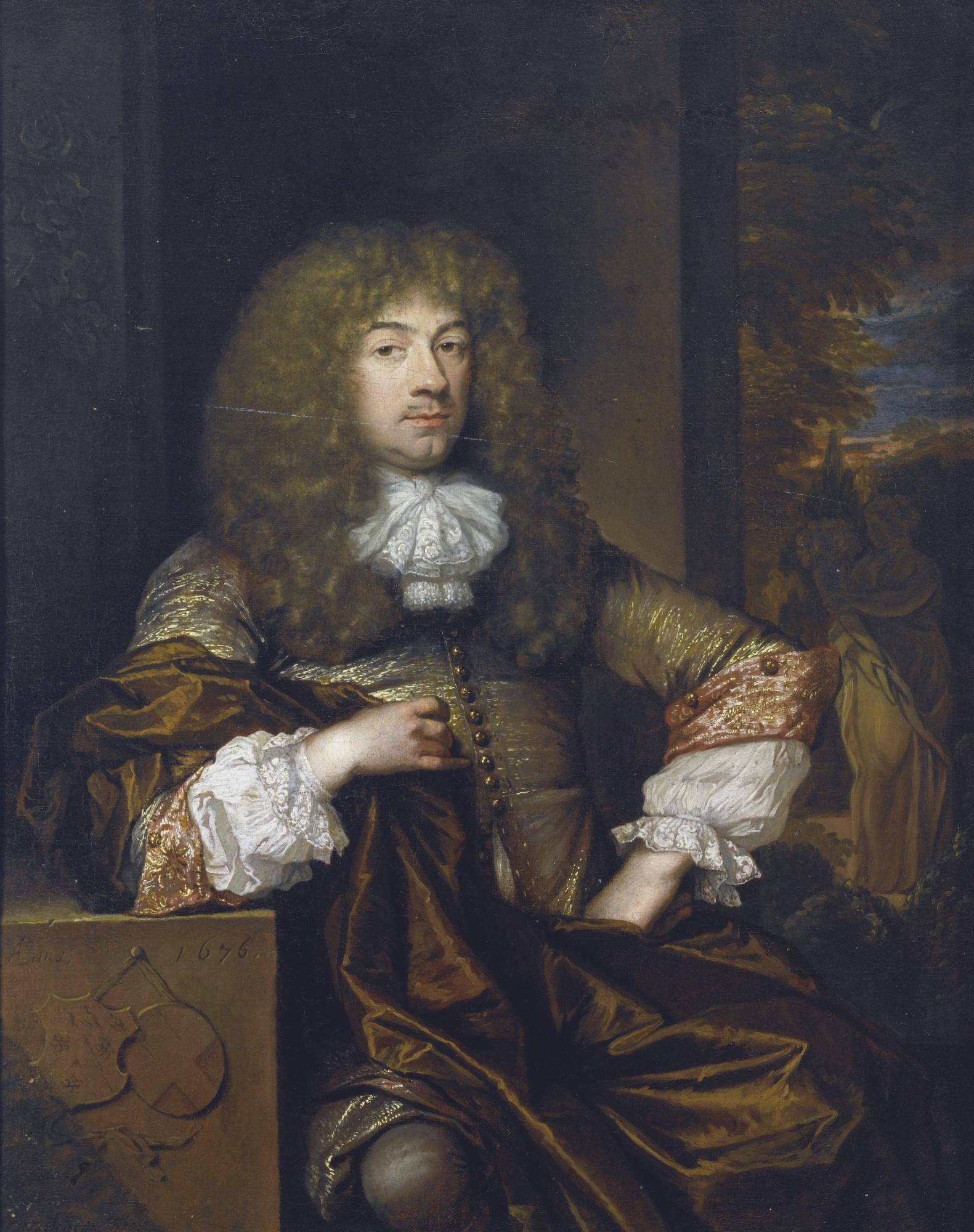 Caspar Netscher - Portrait Of Jan Boudaen Courten (1634-1716), Lord Of Schellach, St. Laurens And Popkensburg, Judge And Alderman Of Middelburg, Seated Three-Quarter Length, Before A Classical Garden