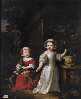 Caspar Netscher - Portrait Of Two Young Girls In A Park, One Playing With A Dog, The Other Holding A Carnation From A Pot