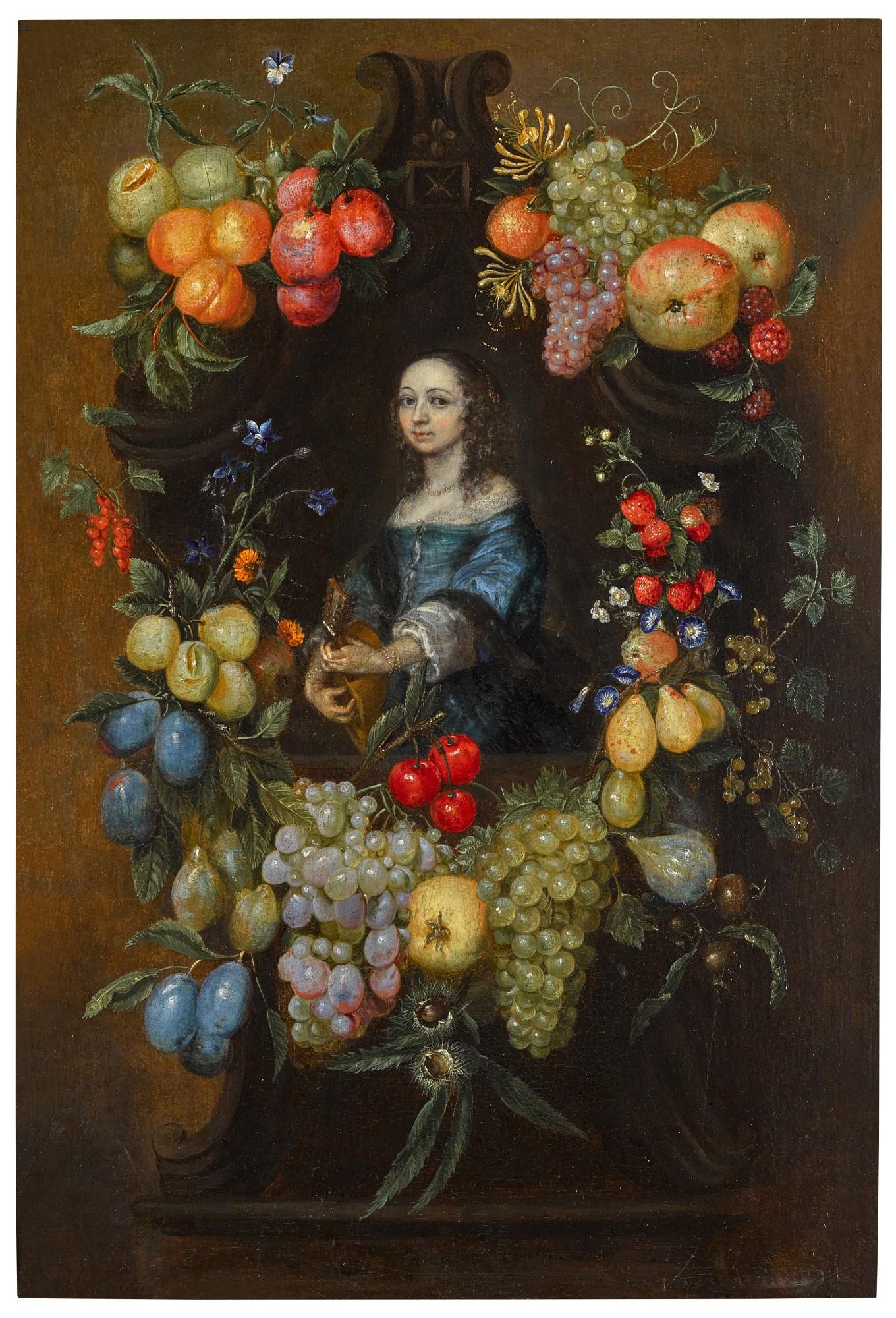 Catarina Ykens - A garland of fruit and flowers surrounding a portrait of a lady in a blue dress, holding a guitar