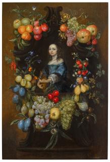 Catarina Ykens - A garland of fruit and flowers surrounding a portrait of a lady in a blue dress, holding a guitar