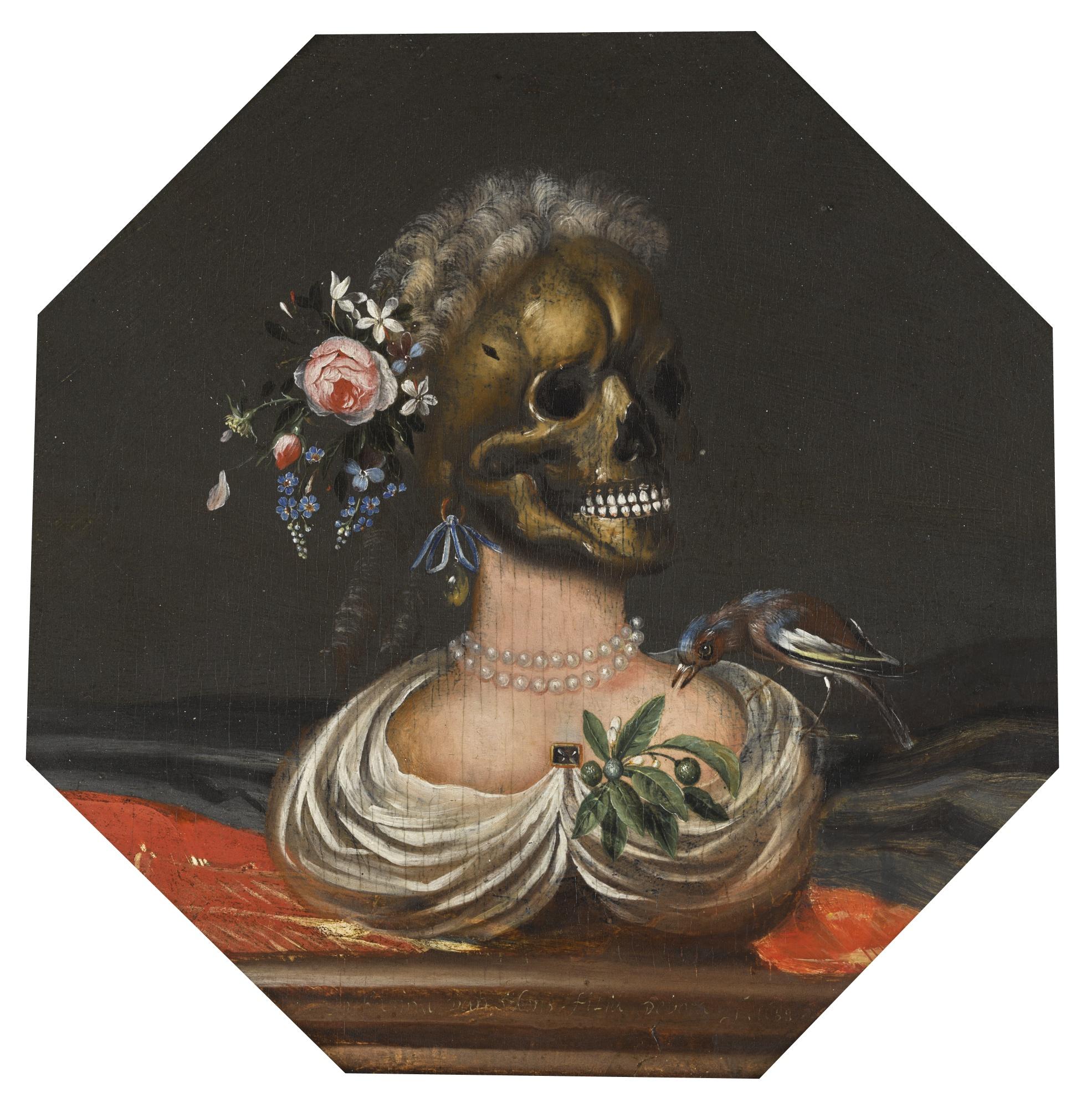 Catharina Ykens - A Vanitas Bust Of A Lady With A Crown Of Flowers On A Ledge