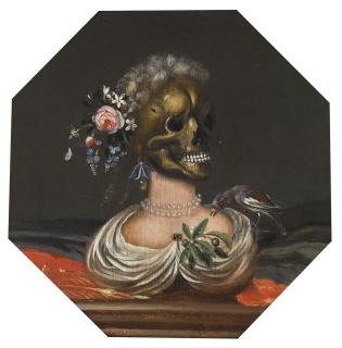 Catharina Ykens - A Vanitas Bust Of A Lady With A Crown Of Flowers On A Ledge
