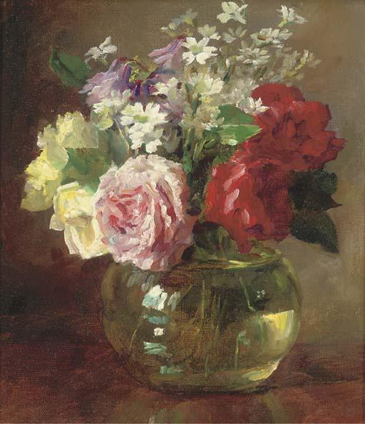 Catherine M. Wood - Roses and daisies in a glass vase