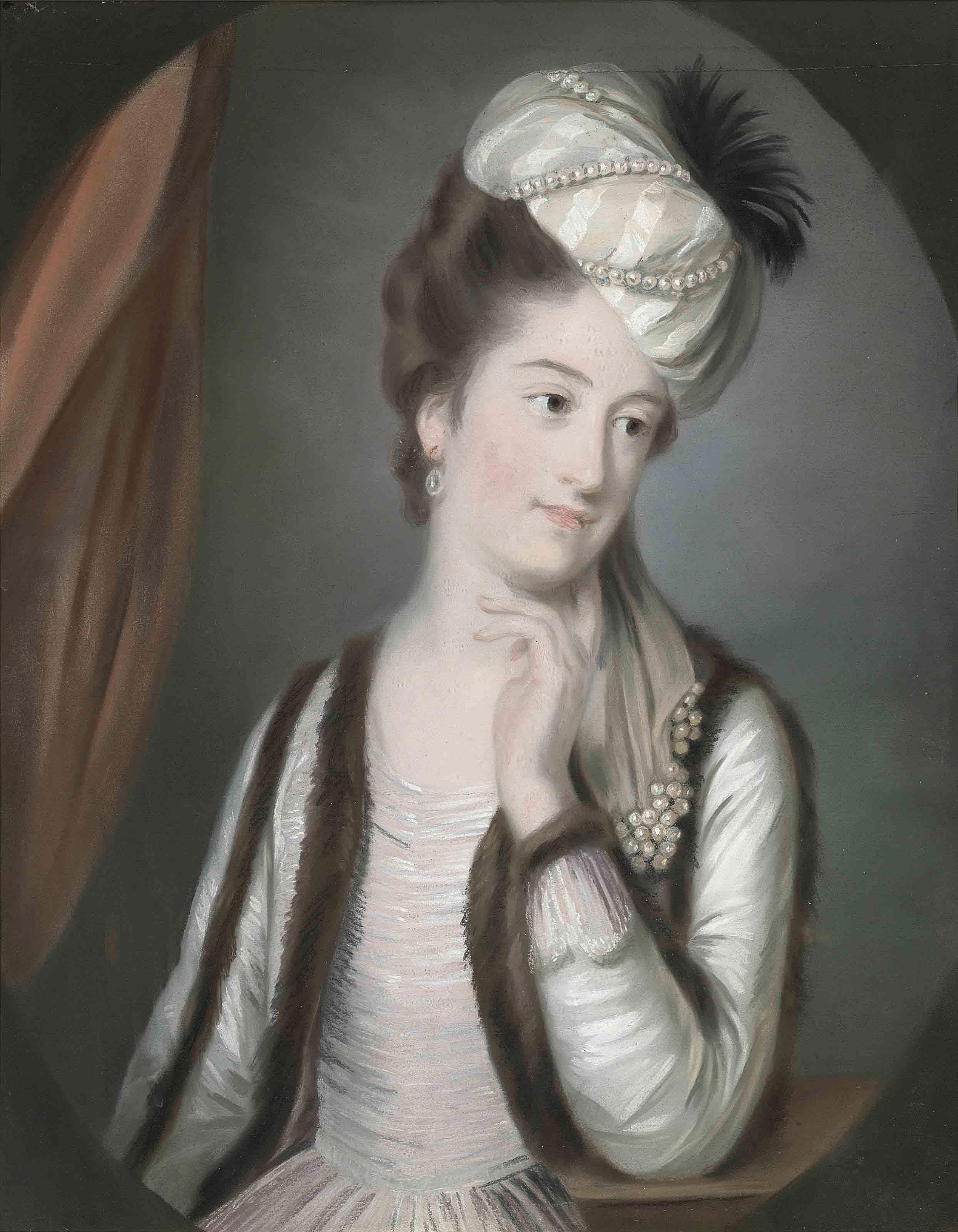 Catherine Read - Portrait of Anne Speke (c. 1741-1797), wife of Frederick North, 2nd Earl of Guilford (1732-1792), half-length, in an ornamental head-piece and fur cape