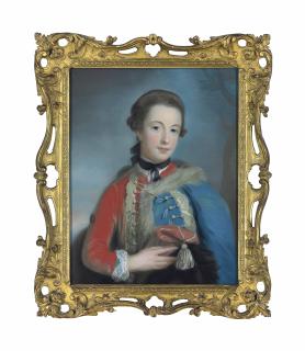 Catherine Read - Portrait of Lady Isabella Stanhope, later Countess of Sefton (1748-1819), half-length, in Hussar\'s costume, with a blue pelisse over a braided red dolman