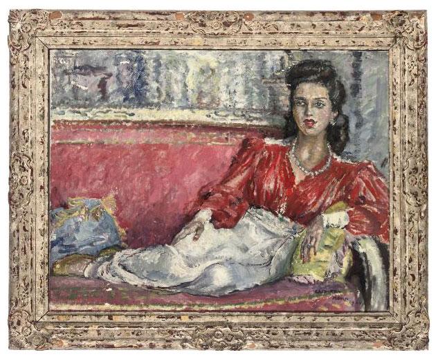 Cathleen Mann - Portrait of an elegant lady, full-length, reclining on a sofa