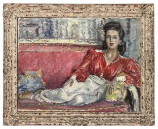 Cathleen Mann - Portrait of an elegant lady, full-length, reclining on a sofa