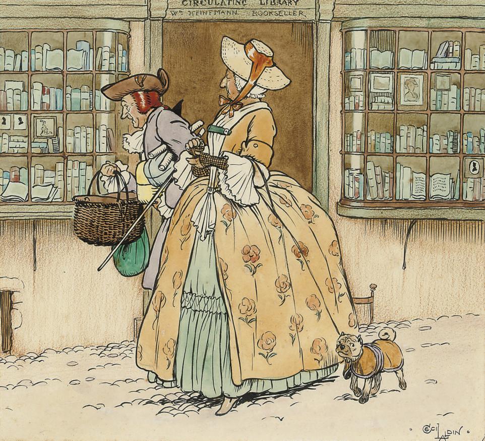 Cecil Charles Windsor Aldin, R.B.A. - A couple with their pug outside the Circulating Library and Hienemann Bookseller