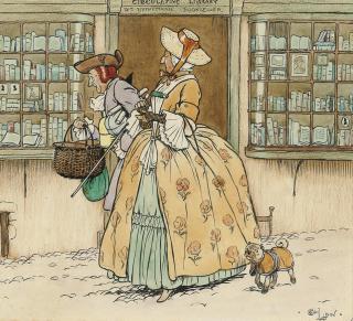 Cecil Charles Windsor Aldin, R.B.A. - A couple with their pug outside the Circulating Library and Hienemann Bookseller