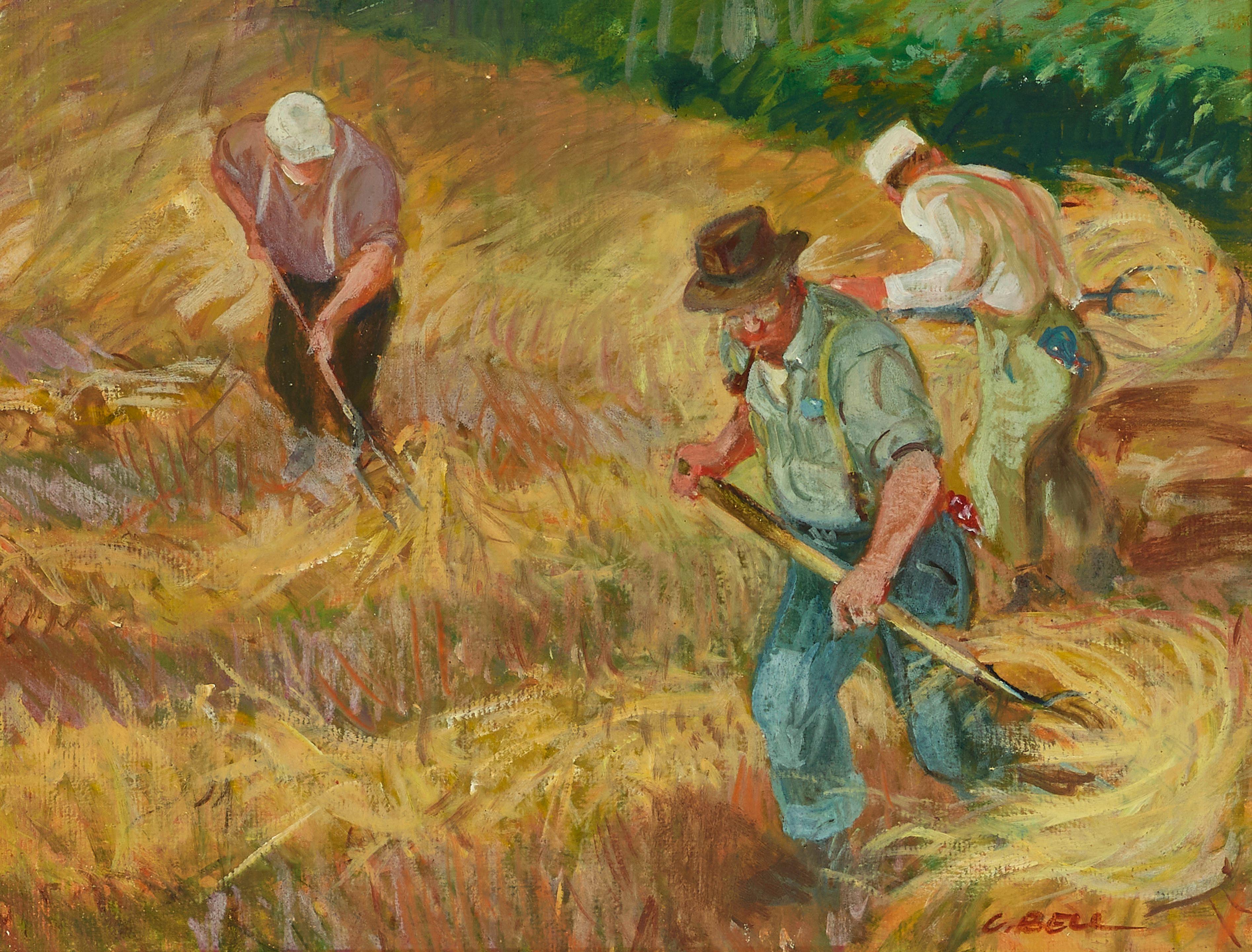 Cecil Crosley Bell - Pitching Hay 13 1/2 x 18 in. framed 19 x 23 1/2 in.